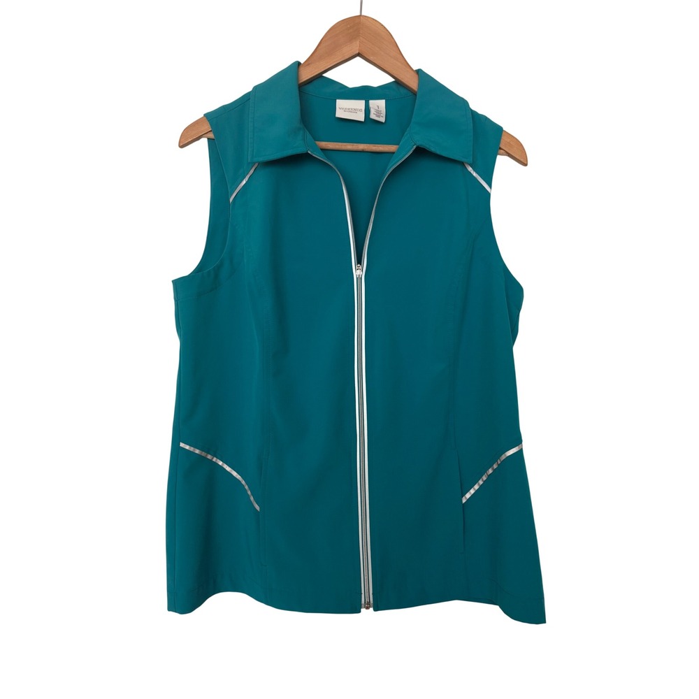 Weekends by Chicos Activewear Reflective Teal Blue Full Zip Vest Trim 1 M